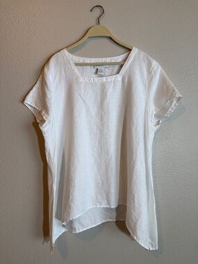 Peck & Peck XL 100% Linen White Asymmetrical Hem Blouse Floaty Coastal Boho Top